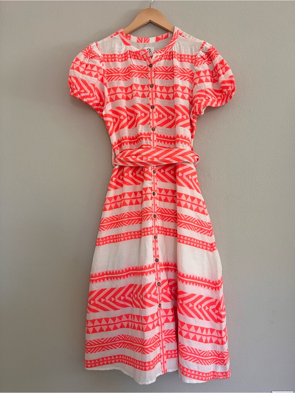 dRA Dress Button Front Coral Dress Midi Size Small Aztec Print Modest Summer
